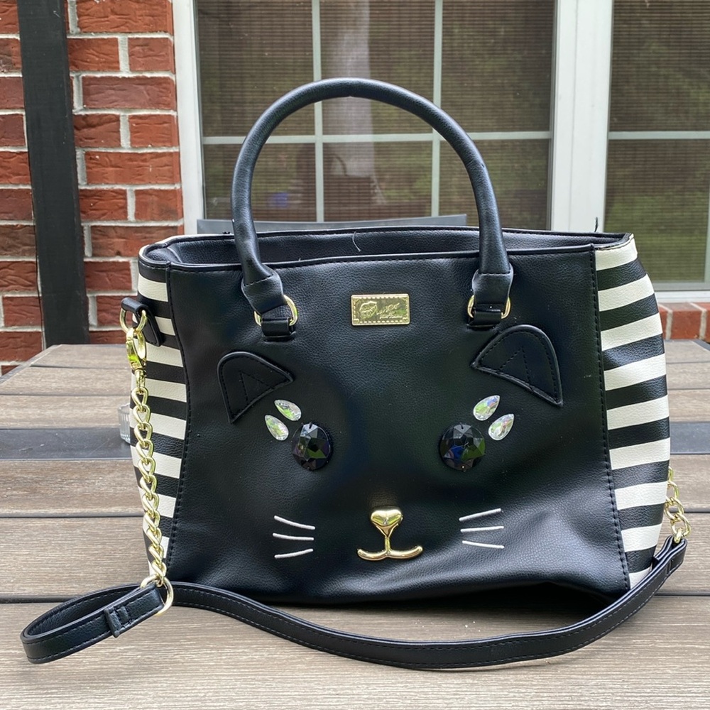 Betsey Johnson Black Cat Face Crossbody Bag Pink Sequin Cat keychain
